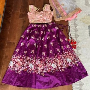 Indian Lehenga Choli Dupatta, 2 blouses, Wedding Partywear, Pink Magenta